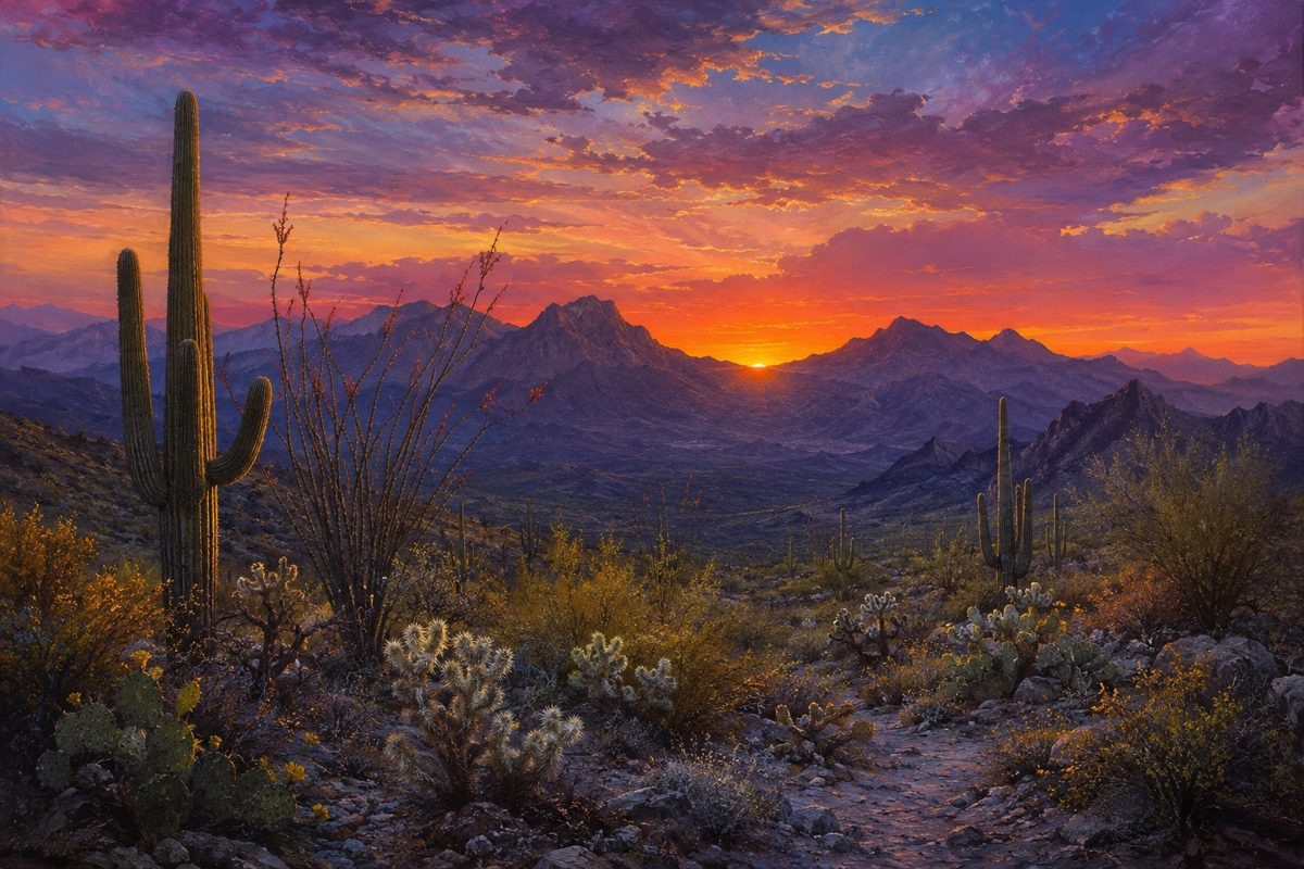 A desert sunset with saguaro cacti, rocky mountains, and a purple and orange sky.