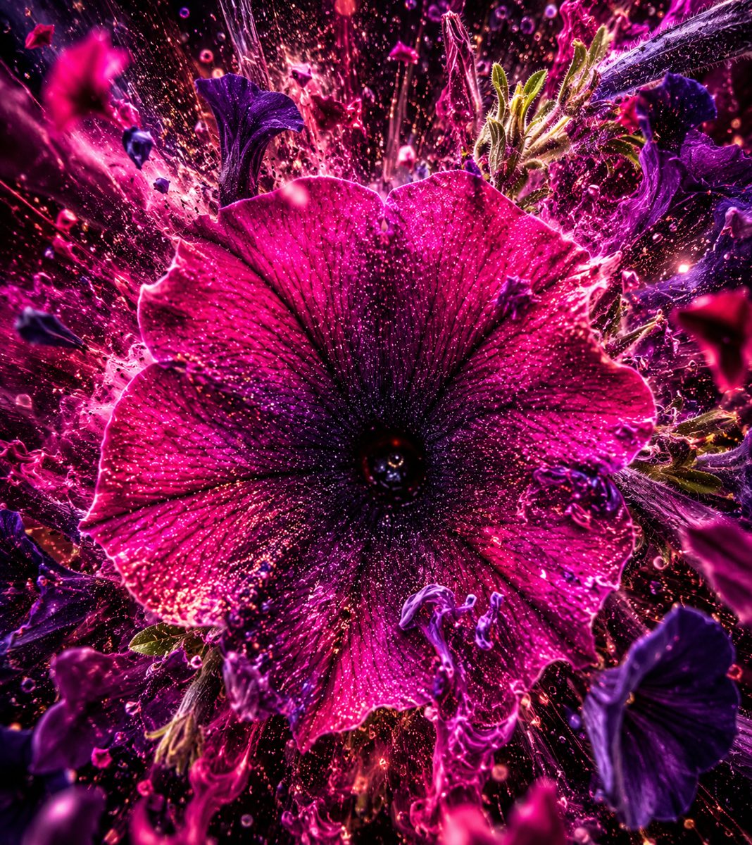 A vivid magenta flower surrounded by purple petals, droplets, and bright paint splashes.