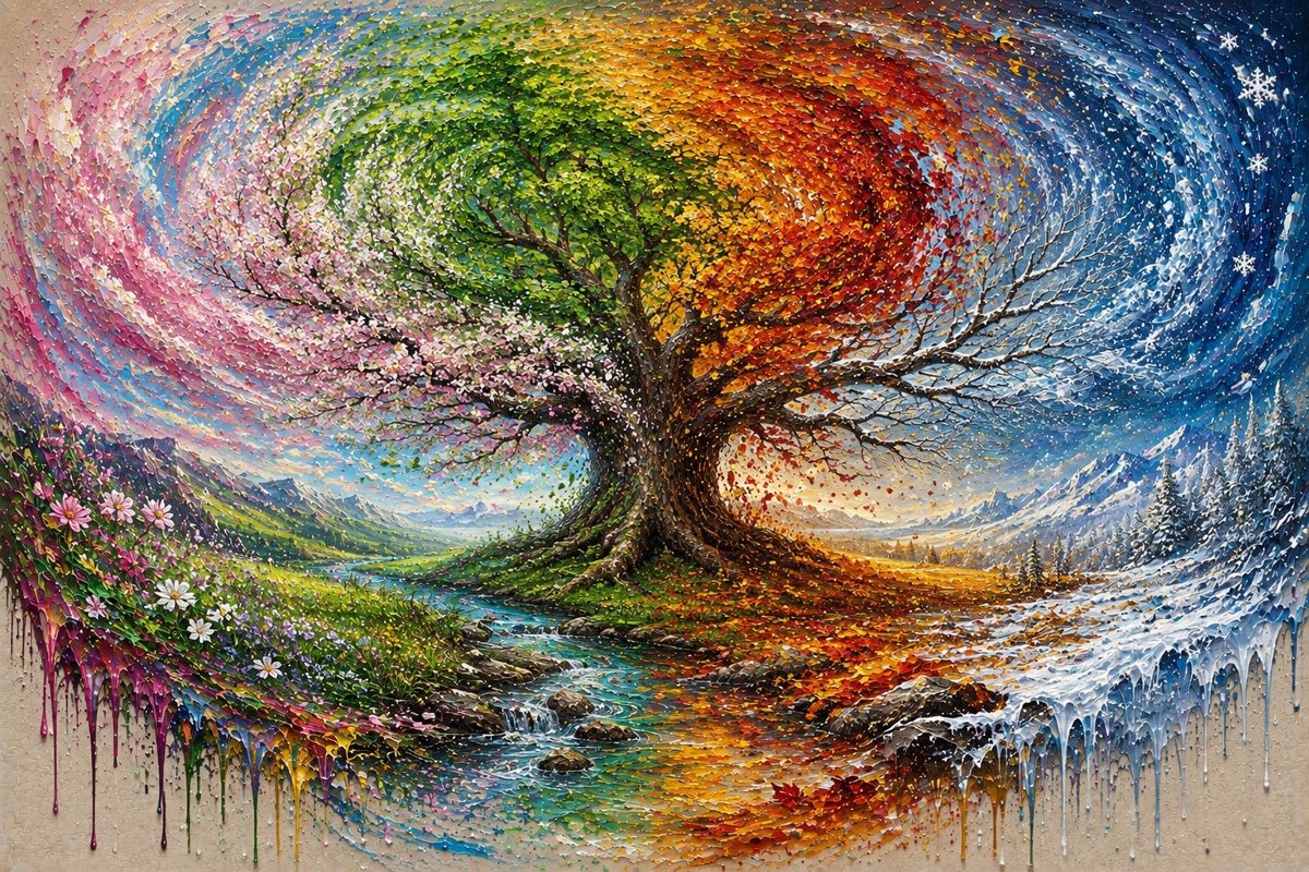 A great tree showing spring blossoms, summer leaves, autumn colors, and snowy winter branches.