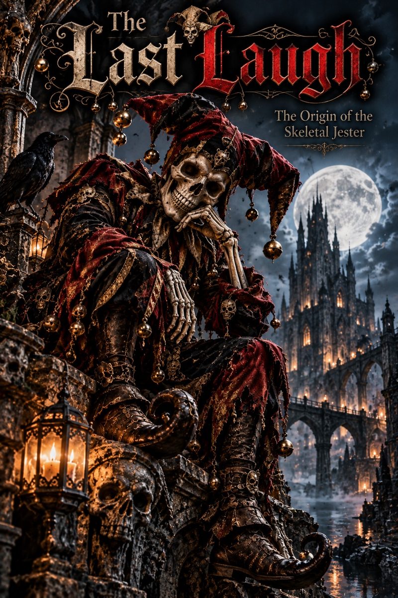 The Last Laugh cover featuring a skeletal jester, raven, lantern, and moonlit Gothic castle.