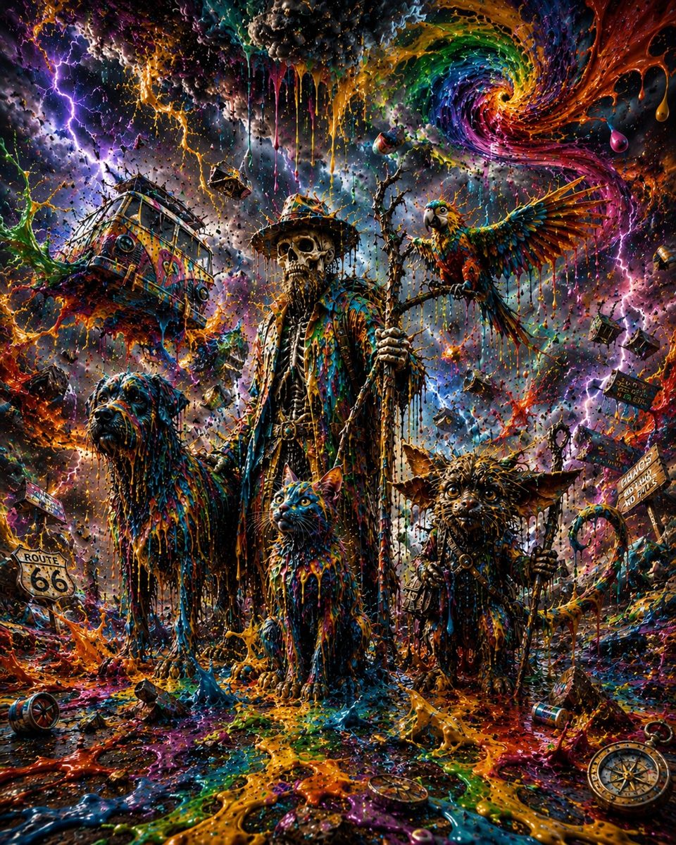 A skeleton traveler and animal companions amid swirling paint, lightning, and a floating camper van.