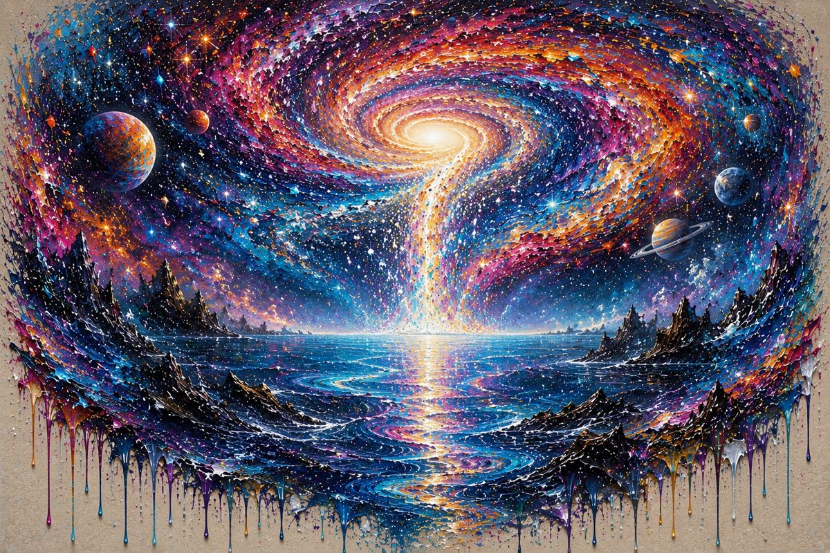 A luminous spiral galaxy and planets above an alien ocean, framed by dripping paint.