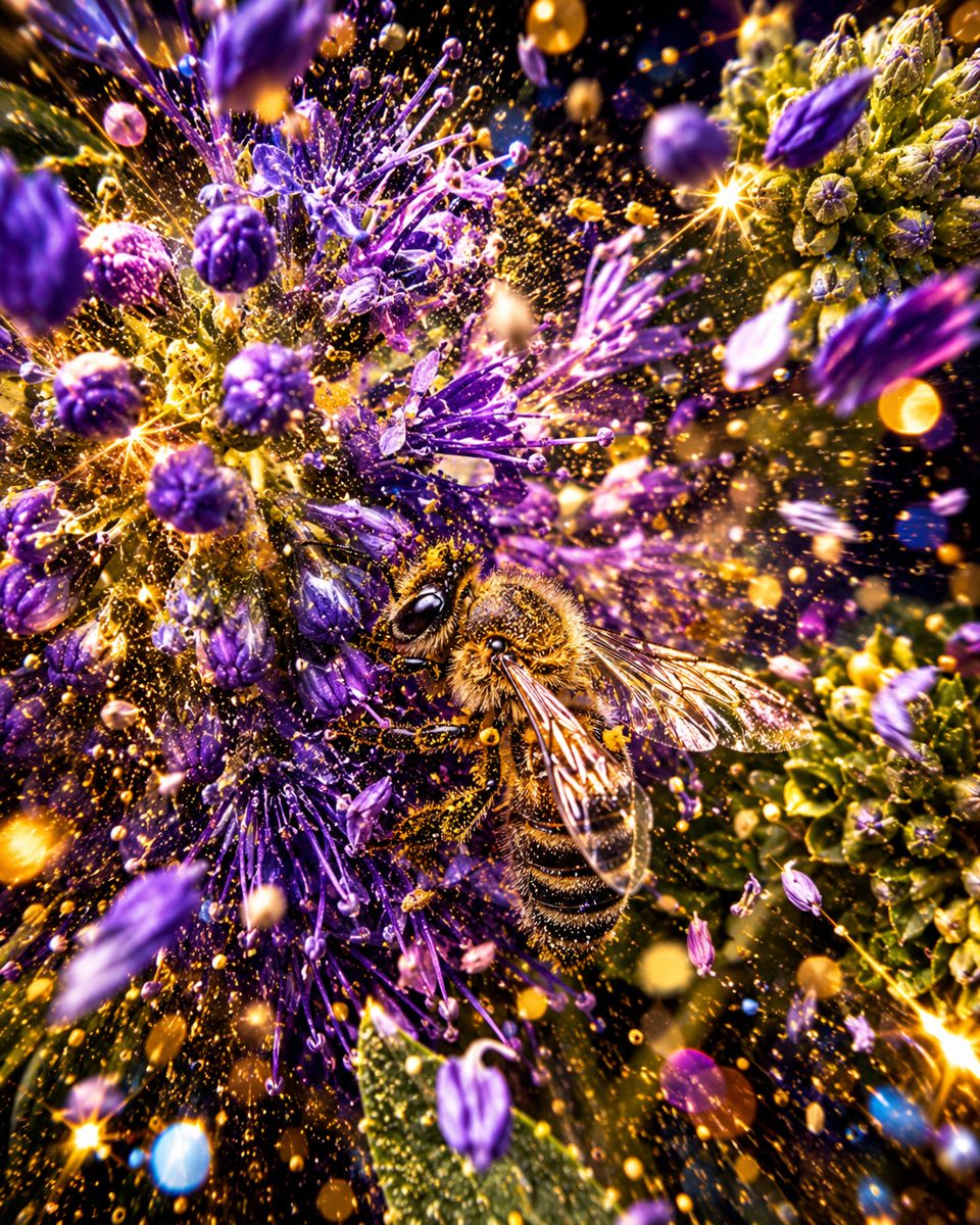 A honeybee among purple flowers and sparkling golden droplets.