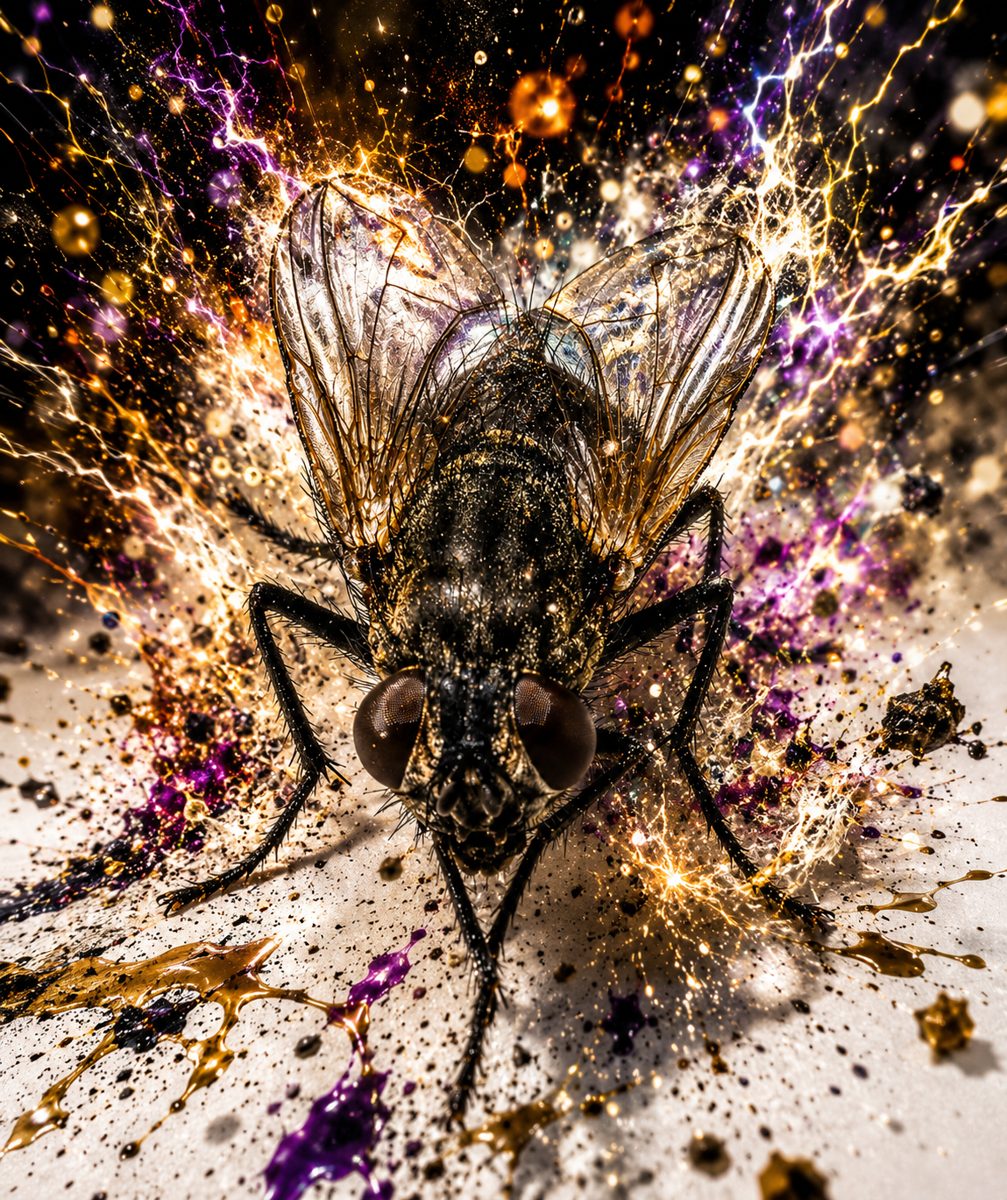 A detailed fly amid gold, black, and purple splashes on a pale background.