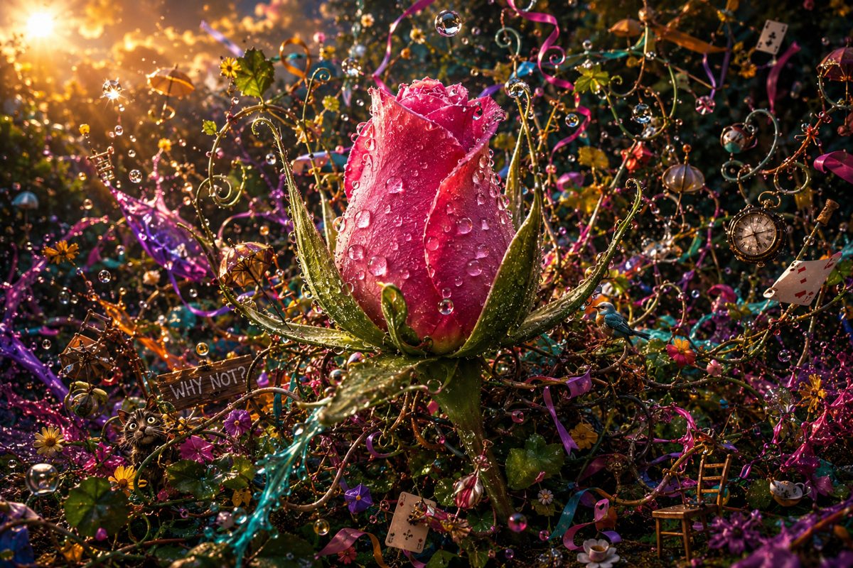 A pink rose in a whimsical garden with floating ribbons, cards, bubbles, and tiny objects.