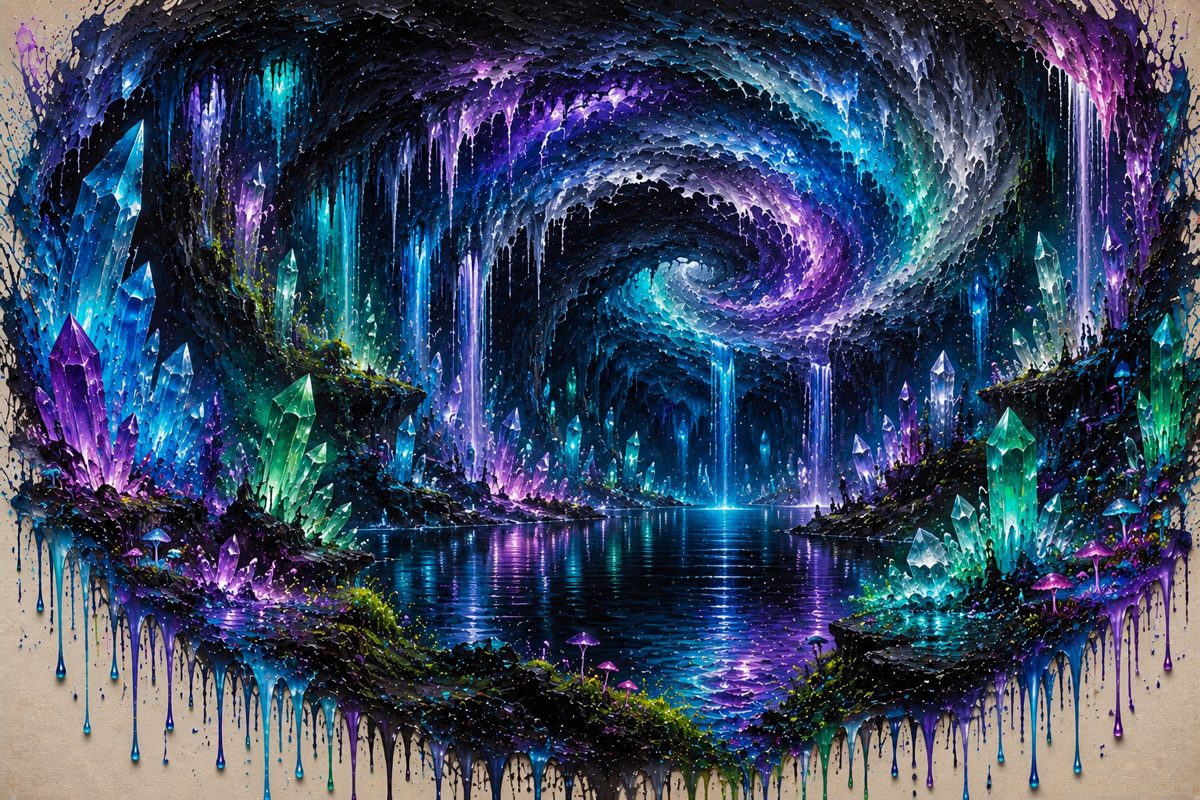 A glowing crystal cavern with blue and purple waterfalls and a reflective underground lake.