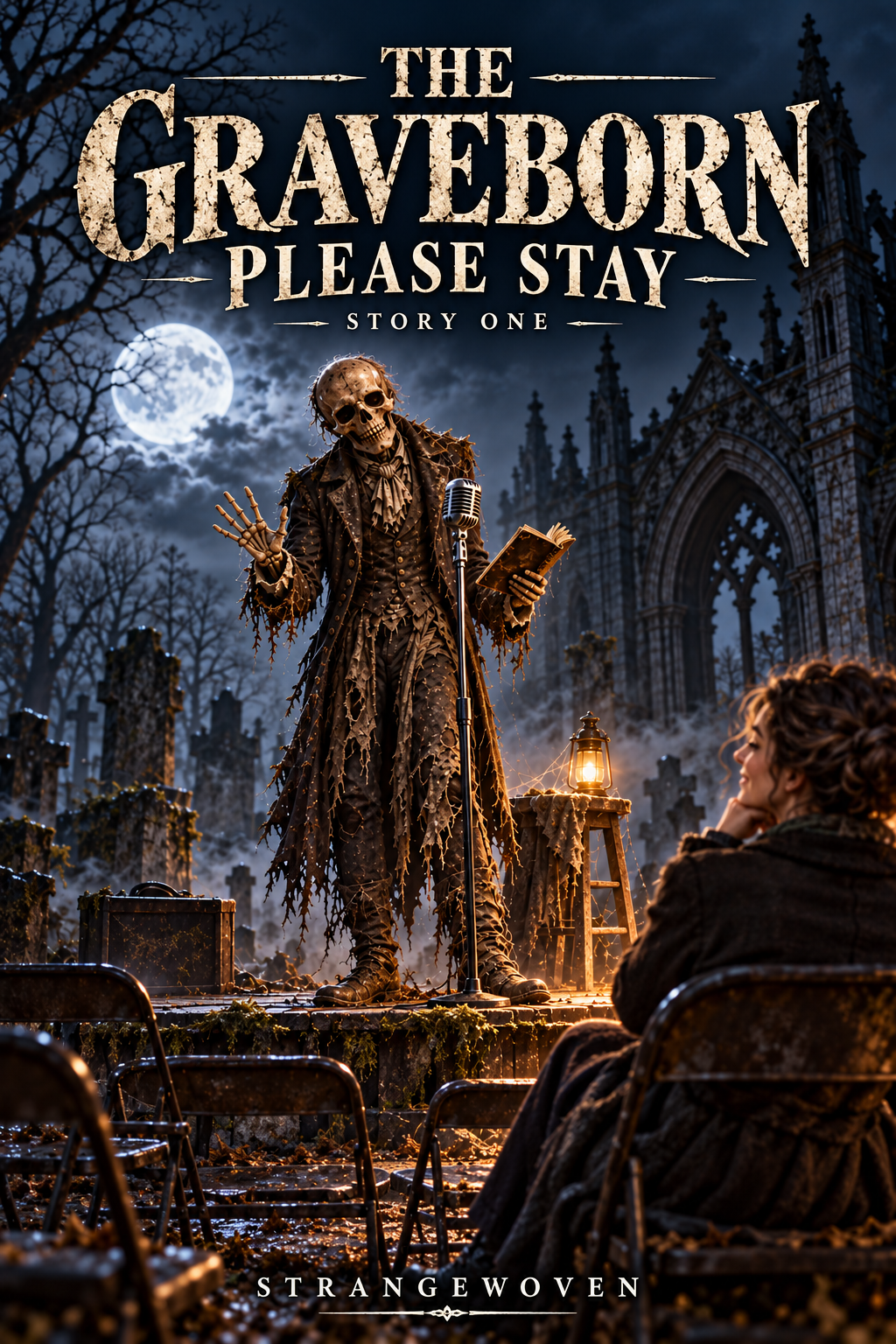The Graveborn performs at a cemetery microphone while Ada stays to listen.