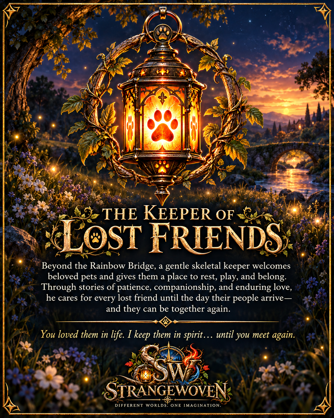 The Keeper of Lost Friends story introduction with a glowing paw-print lantern over a flower-lined path at sunset.