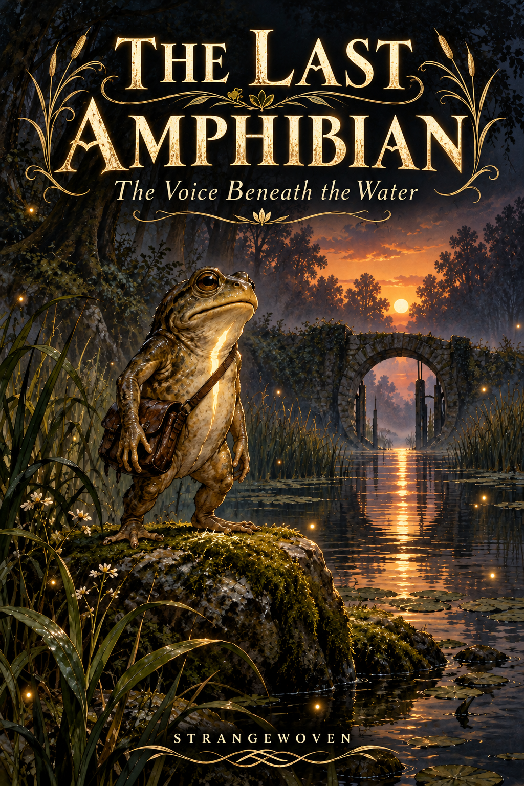 Noll, a small frog-like keeper with a satchel and glowing throat, stands beside a misty marsh and an ancient stone water gate. Cover of The Last Amphibian: The Voice Beneath the Water.