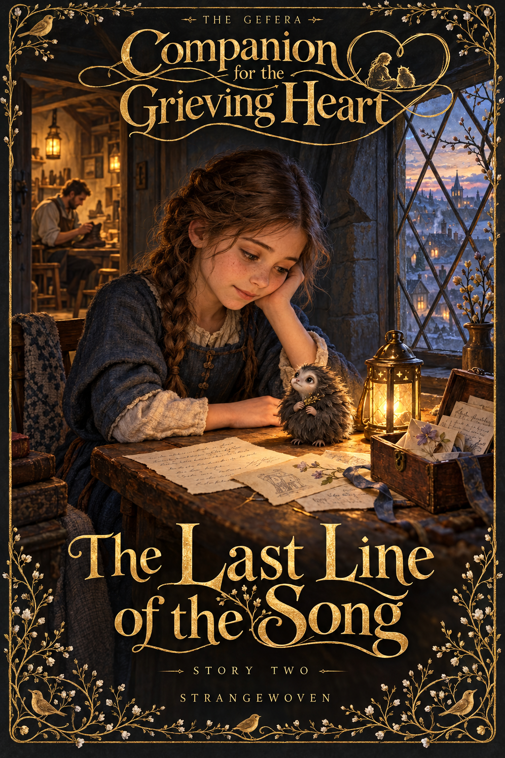 Iona sits with Gefera in his tiny feathered form beside a memory box and a glowing lantern, while her father works in the cobbler's workshop.