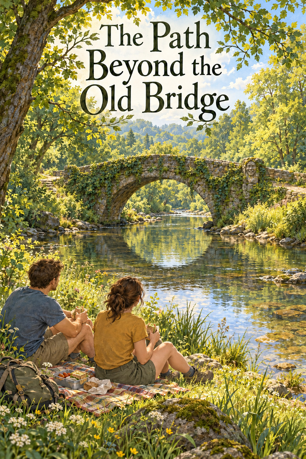 Callum and Nina picnic beside a slow woodland river, with an old ivy-covered stone bridge behind them. Cover of The Path Beyond the Old Bridge.