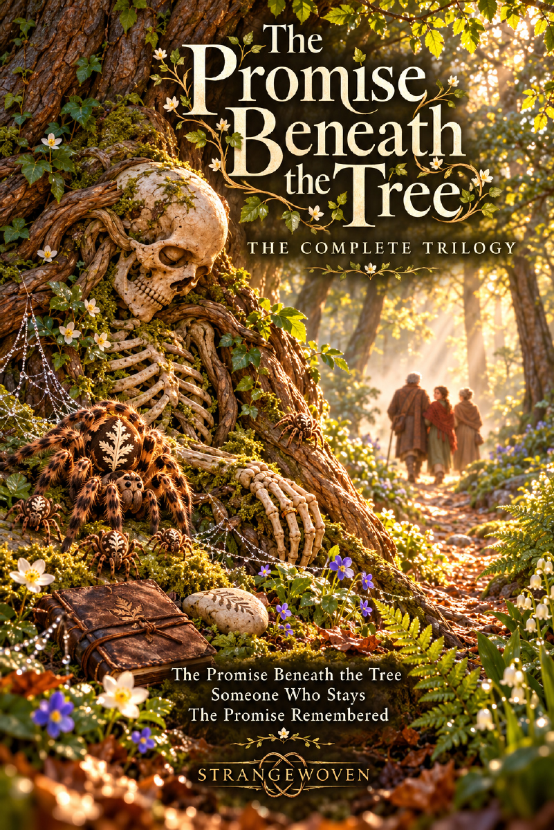 The Promise Beneath the Tree trilogy cover, with a skeleton, spiders, and a sunlit forest.
