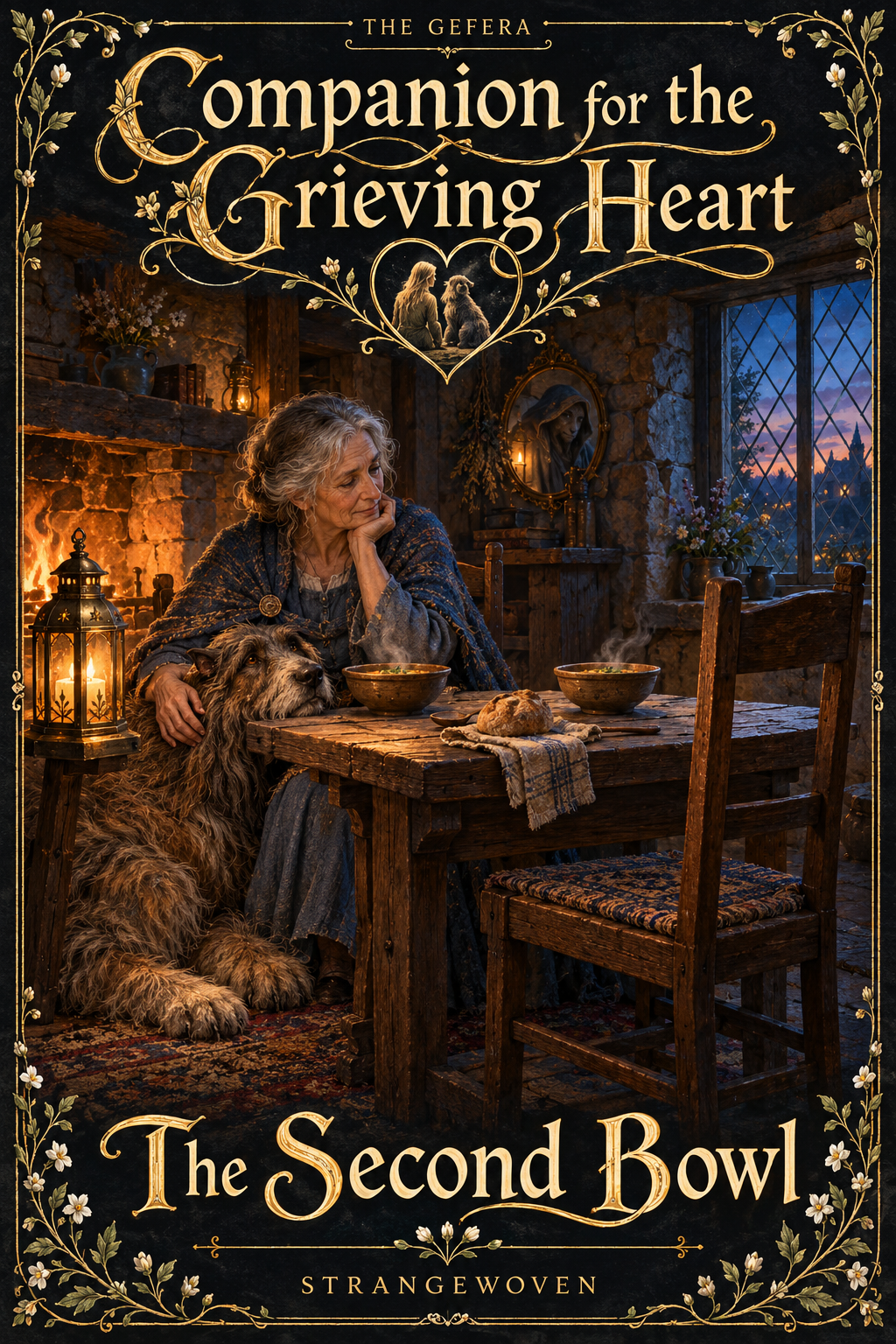 Mara sits beside Gefera at a table set with two bowls, facing her husband's empty chair. Gold lettering frames the cover of The Second Bowl.