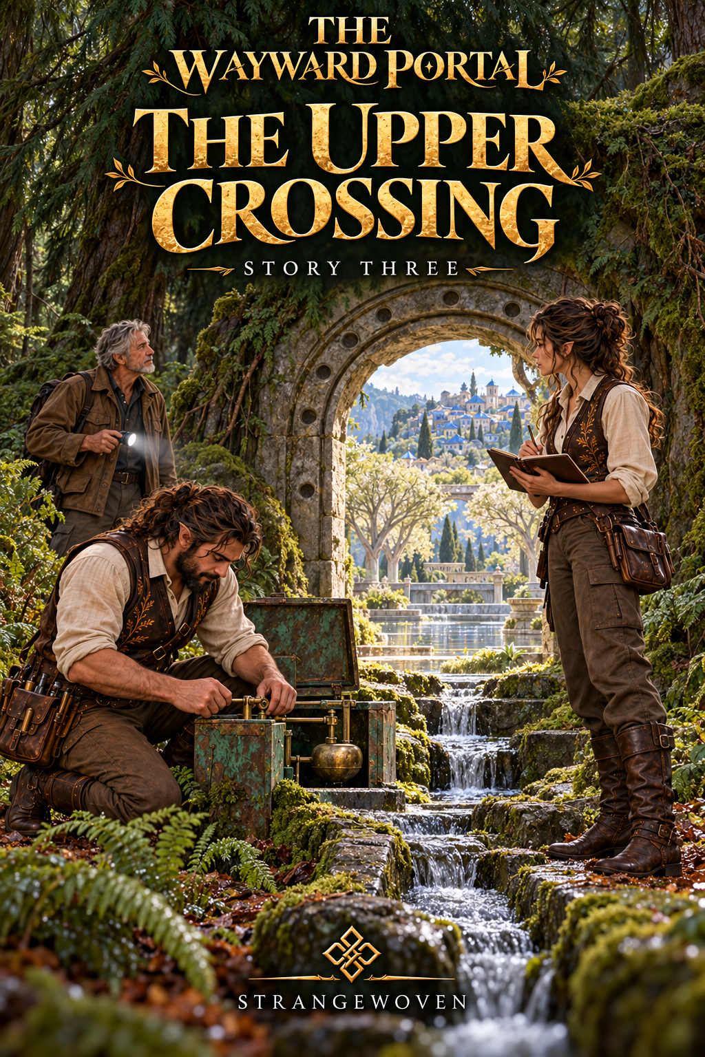 Aren examines the bronze mechanism as Aven records their discovery and Daniel watches a blue-roofed town through the open stone arch.