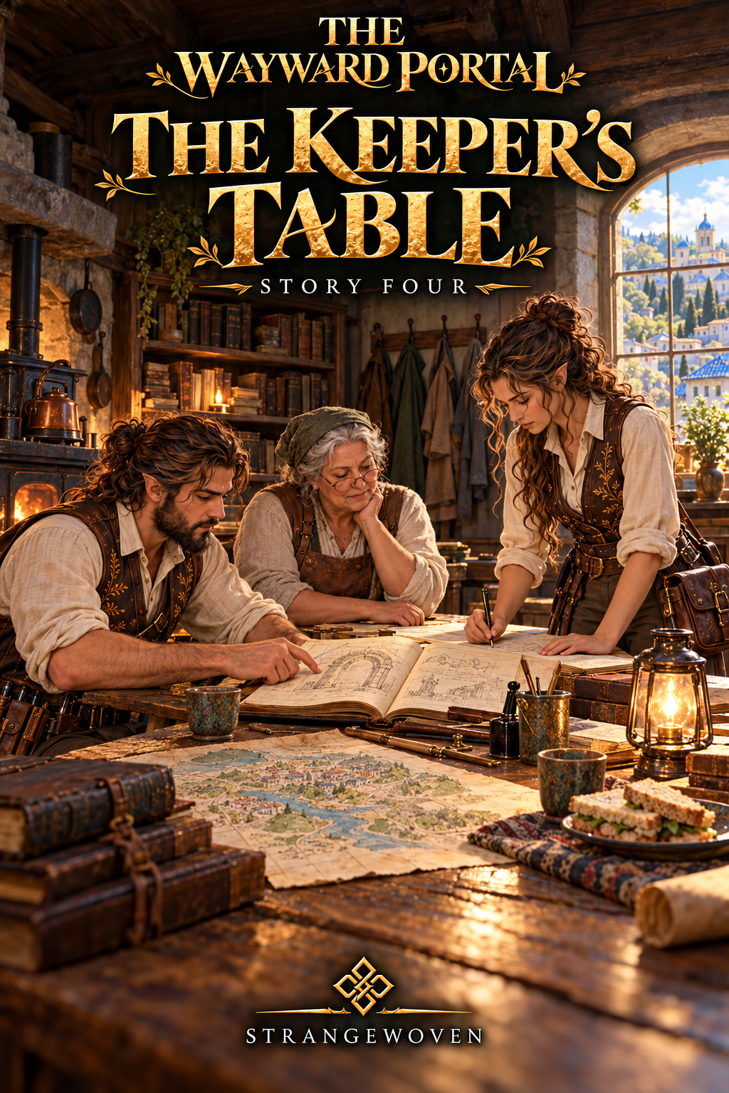 Aren, Aven, and Bessa gather over an old keeper’s ledger, with Istren’s blue roofs visible through the window.