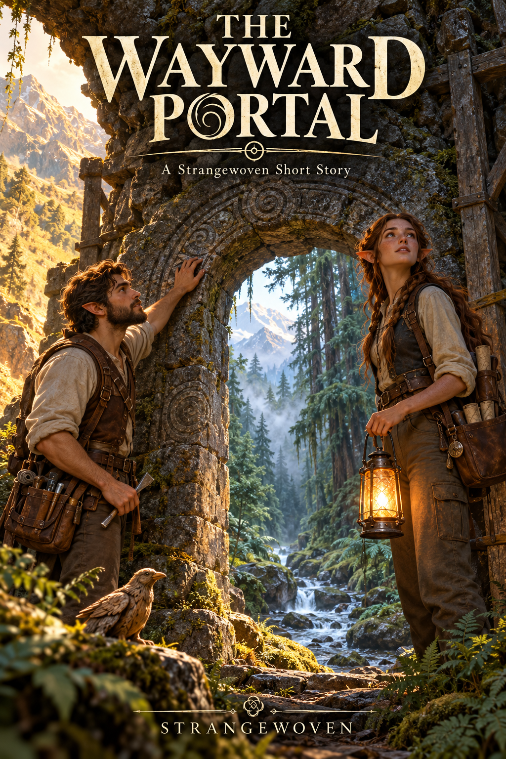 Twin siblings Aren and Aven Stoneleaf examine a carved stone portal opening onto a forest stream, with tools, a lantern, and a small wooden bird.
